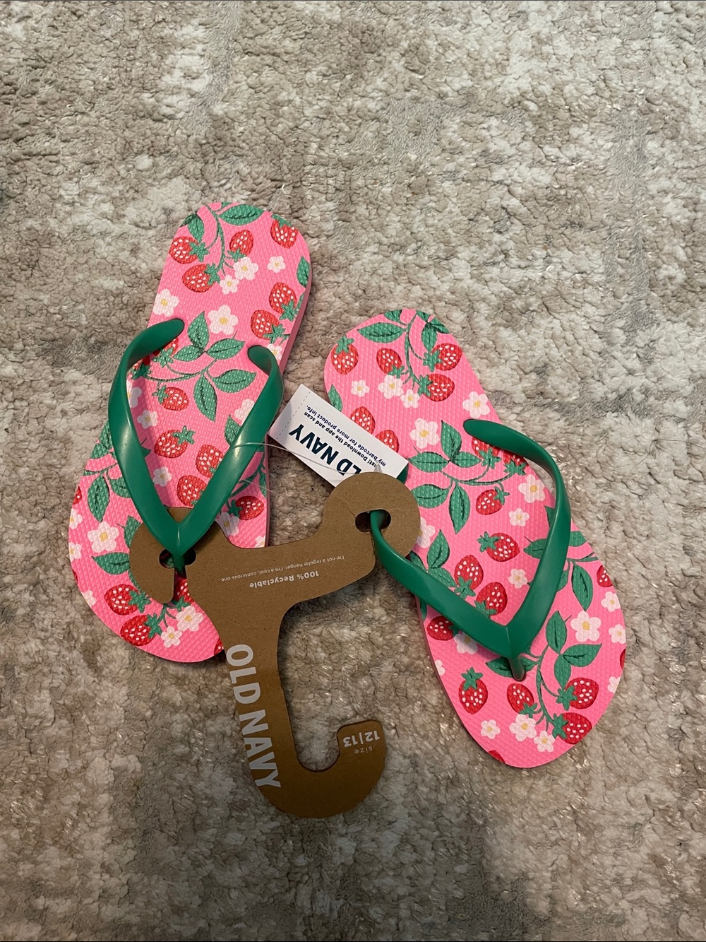 Old Navy Pink Strawberry Print Flip Flops with Green Straps size 12/13C-NWT